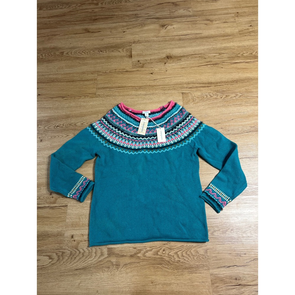 Sundance Fair Fable Sweater Womens Medium Lagoon Blue Fair Isle Cotton Wool NWT